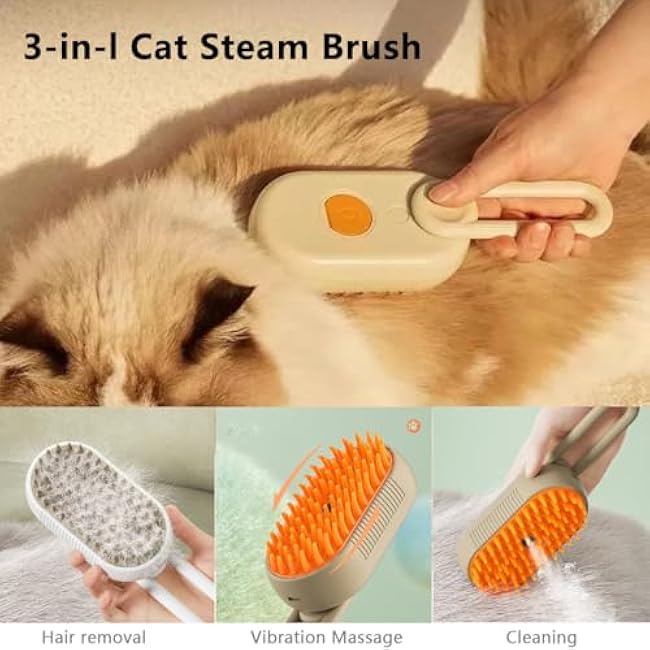Cat Steam Brush, 3 in 1 Pet Steam Cats Brushes Rechargeable Anti-Static Grooming Brushe, Vibration Massage Cleaning Shedding & Combing Multifunctional Hair Removal Comb for Cats Dog (White)-yZljrTSy