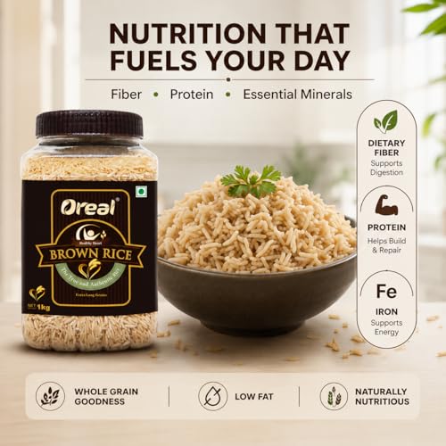 Image of Oreal Brown Rice 1 Kg, Full Bran Intact, Fibre-Rich Basmati Rice Jar