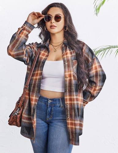 IN'VOLAND Womens Plus Size Flannel Plaid Shirts Roll Up Long Sleeve Casual Collared Button Down Shirt Loose Blouse Top2