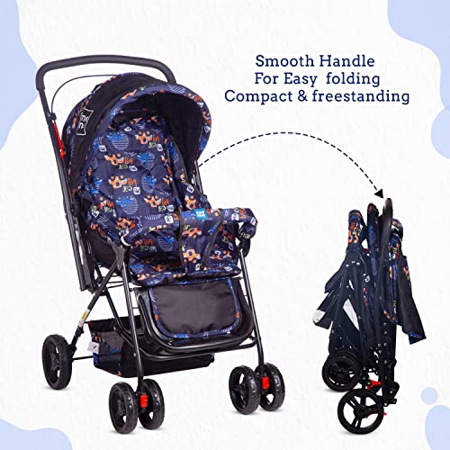 Image of Mee Mee Easy to Push Baby Stroller Pram 3 Position Seating with Quick One Hand Folding | Comfortable Seating | Fully Rotating Wheels | Feeding Tray for New Born Baby /Kids, 0-4 Years, Black