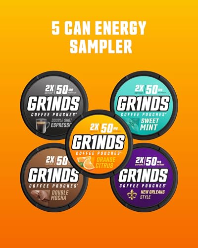 Image of Grinds Coffee Pouches | 5-Can Variety Pack | Double Mocha, Sweet Mint, Double Shot Espresso, New Orleans, Orange Citrus | Brew-Free Coffee Alternative | 18 Pouches Per Can