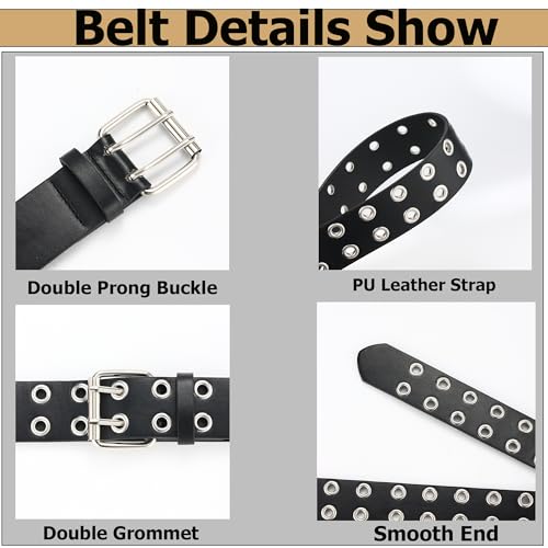 SONNYX Double Grommet Leather Belt with Detachable Chain for Women Men Punk Black Belt with Double Studded Holes4