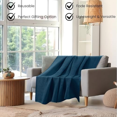 Image of 100% Combed Cotton Waffle Blanket for Bed,Sofa,Couch,| Teal |King -90X102 INCHES -Lightweight and Breathable Soft Woven AC Blankets,Throw for Summer, Spring, Winter, All Season
