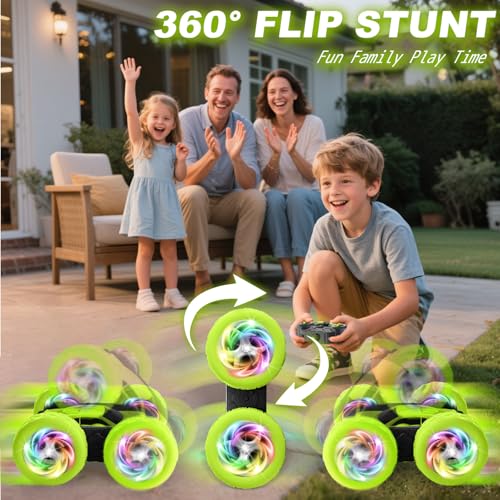 Image of Remote Control Car, Stunt RC Cars, 2.4GHz Double Sided 360 Flips RC Crawler, Outdoor Toys for Kids Ages 4-8, Upgraded USB-C Modular Battery, 5 6 7 8 9 10 +Year Old Boys Birthday Gifts Green