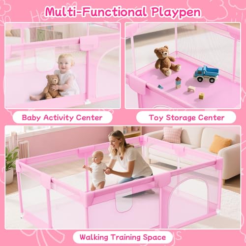 Image of Large Baby Playpen 74 inchx50 inch - Play Pens for Babies and Toddlers with 2 Handle - Safety Baby Fence Play Area with Breathable Mesh for Indoor & Outdoor, Pink
