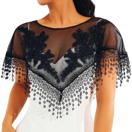 EVILD Women's Mesh Shawls Black Evening Dress Shrug Embroidered Flowers Wraps ﻿