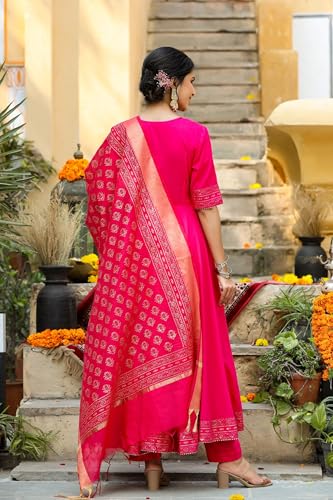 Image of GoSriKi Women's Rayon Blend Anarkali Solid Kurta with Pant & Dupatta