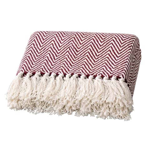Image of Chevron 60x50 Inch Reversible Cotton Throw Blanket with Tassels| Blanket for Living Room, Sofa, Bed, Chair, Picnic & Used for Gift | Wine Maroon Wide Chevron, Size 150x125 cm
