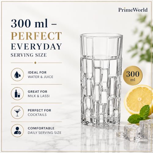 Image of PrimeWorld Italian Premium Water & Juice Glasses Set of 6-300ml | Transparent 3D Brick Design Crystal Highball Glasses for Water, Juice, Milk, Lassi & Cocktails