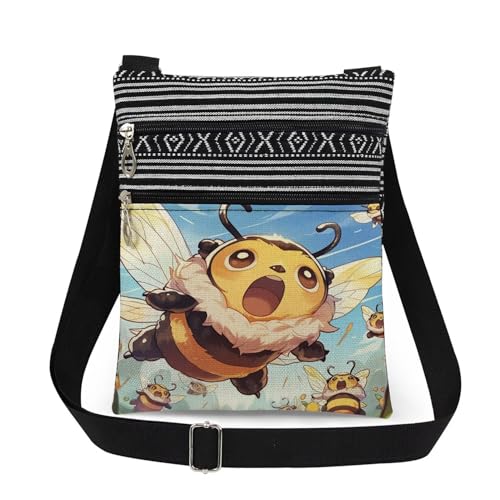 Playful Bees Print Crossbody Bag Joyful Bumblebee Print Messenger Bag Adjustable Shoulder Strap Travel Casual Purse Birthday Christmas Gift for Sister Bee Lovers Gift