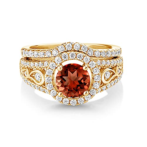 Gem Stone King 18K Yellow Gold Plated Silver Women Wedding Engagement Ring Band Bridal Set Round Red Garnet and Moissanite | 1.94 Cttw | Gemstone Birthstone | Available In Size 5, 6, 7, 8, 92