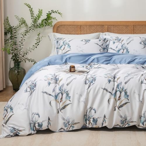MILDLY Full Size Duvet Cover Set 100% Long-Staple Cotton Luxury White & Blue Floral Patten Reversible Comforter Cover Set 3Pcs