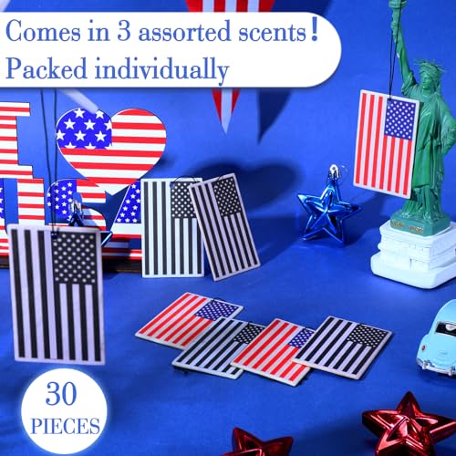 Image of Dunzy 30 Pcs Air Freshener American Flag Car Freshener Patriotic USA Flag Hanging Automotive 250 Year Anniversary Air Fresheners for Independence Day Auto Accessories, 3 Scents(2 Color Style)
