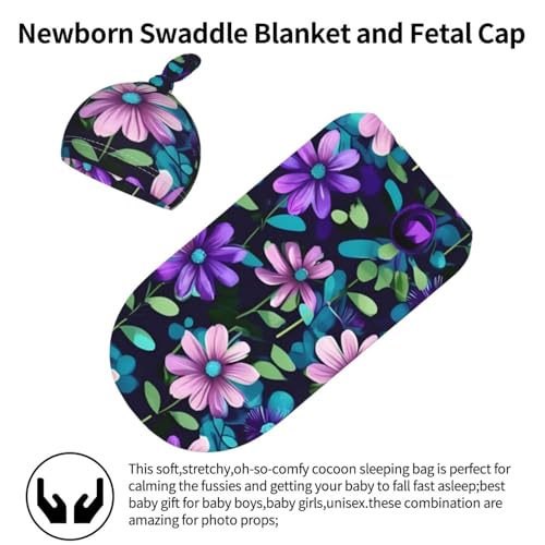 Purple Camellia Print Newborn Swaddle Blanket with Beanie Set, Soft Baby Sleep Sack Receiving Wraps, for Boy Girl2