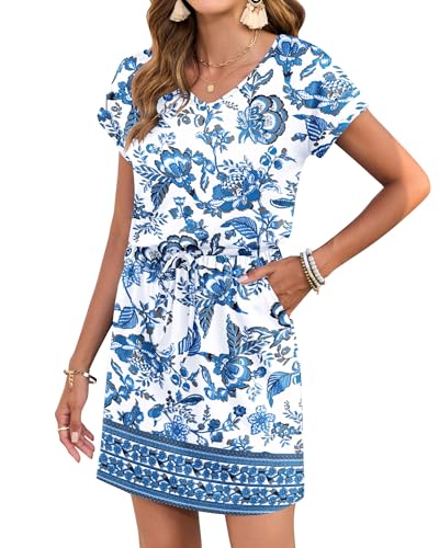 Image of AUSELILY Womens Summer Mini Dress, Short Sleeve V Neck Drawstring Casual | Soft smooth drape with an adjustable drawstring waist for beach, casual outings and daily wear