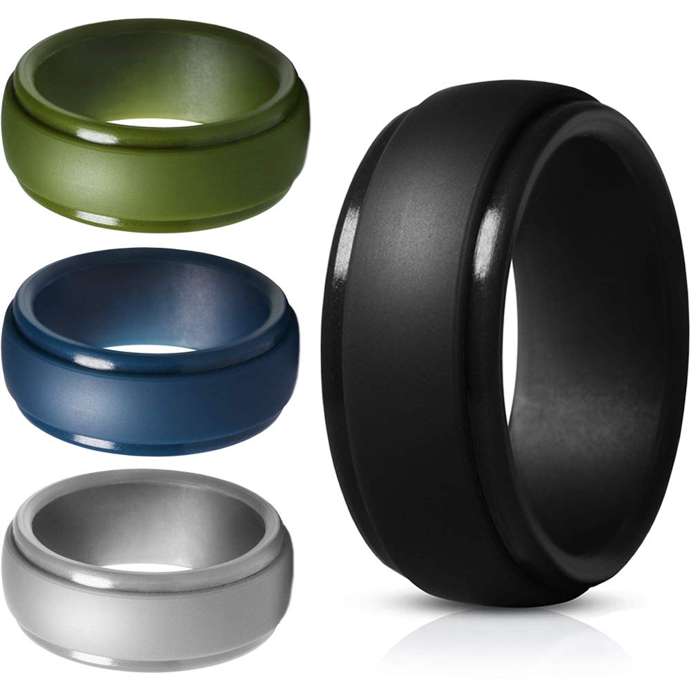 Mens Silicone Wedding Band, Rubber Rings for Him Women Couples, Size 8, 4 Pack, Modern, Black, Green, Blue