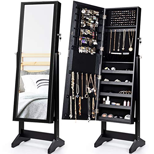 CHARMAID Jewelry Cabinet Armoire with Full-Length Mirror, Freestanding Lockable Jewelry Organizer Box with Large Storage Capacity, Mirrored Wooden Jewelry Cabinet, 4 Angle Adjustable (Black)
