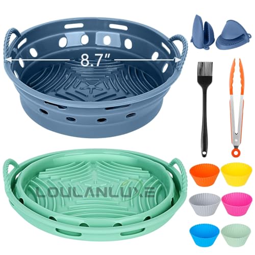 LOULANLUXE Air Fryer Liners Round 8.7 inch Silicone Air Fryer Basket Collapsible Airfryer Liners Accessories Set, 5.8-8 QT, Food Grade, Heat Resistant, Air Circulation Design (Blue+Green)