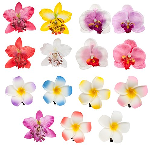 VAGA Set of 15pcs Artificial Flowers Hair Pins/Clips/Decorations with 6 Exotic Hawaii Plumerias and 9 Noble Orchids