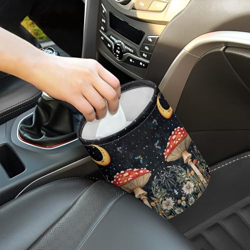 Image of Moon Mushroom Car Trash Storage Box Collapsible Small Car Waste Basket Bin Compact Universal Strap Attach to Auto Garbage Holder Travel Accessories