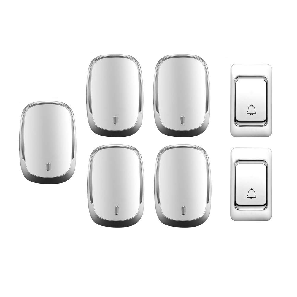 Campanello Wireless Impermeabile IP44, Kit Campanello per Porta a Distanza Ultra Lunga per la casa, 2 Pulsanti + 5 ricevitori, 36 suonerie, 4 Livelli di Volume, Oro,Bianco