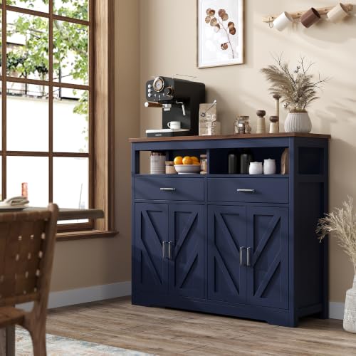 knoworld Sideboard Buffet Cabinet with Storage & Shelves, Farmhouse Kitchen Storage Cabinet Wood Coffee Bar Sideboard Cabinet with 4 Doors for Kitchen, Living Room, Entryway, 47" W Blue by knoworld - Used condition - Image 5