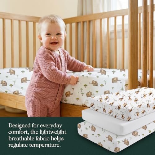 Image of 100% Organic Cotton Mini Crib Sheets (3-Pack) - GOTS Certified, Soft Fitted Sheets for Mini Mattress & Pack n Play, 5 in Deep Pocket with Secure Elastic Fit, Boys & Girls, (27 inch x 39 inch) Safari
