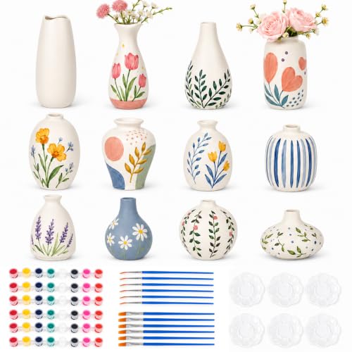 12 Pcs DIY Ceramic Vase Painting Kit Paint Your Own Vase DIY Pottery Painting Craft Kit Unpainted Ceramic Vase Decorating Kit for Adults and Kids Home Decor Classroom Party Activities and Gifts