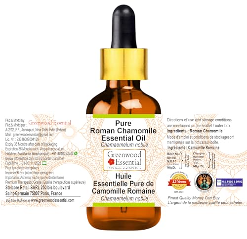 Image of Greenwood Essential Roman Chamomile Essential Oil (Chamaemelum nobile) with Glass Dropper Pure | Non-Sticky | Non-greasy | Lightweight | Men & Women | All Skin Types | Steam Distilled 2ml