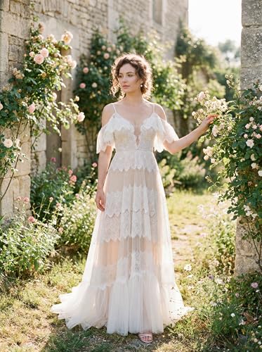 Image of Spaghetti Chiffon Beach Wedding Dress V Neck A line Bridal Gowns Lace Plus Size Wedding Dress