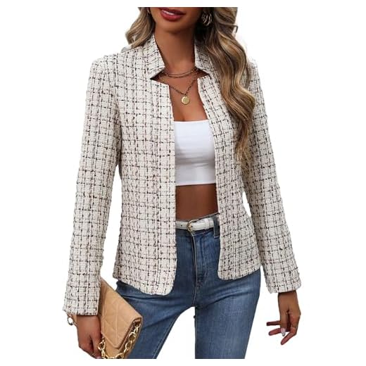 Mina Self Blazer feminino xadrez 2024 moda primavera manga longa lapela entalhada frente aberta jaqueta leve casual escritório, P/Bege, GG