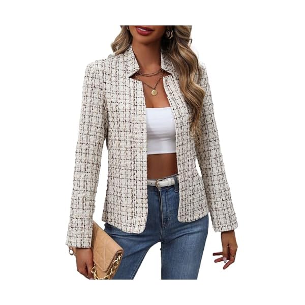 Mina Self 2025 Fall Women's Tweed Plaid Blazer Jacket - Open Front Stand Collar Fully Lined Casual Fashion Elegant Work Coat
