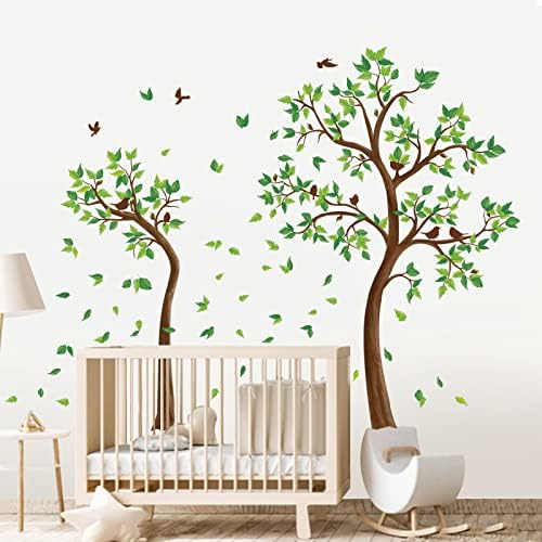 decalmile Green Tree Wall Stickers Flying Leaves Birds Wall Decals Bedroom Living Room Sofa TV Background Wall Decor