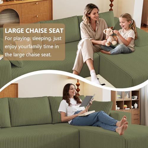 Image of 96 inch Modular Sectional Couch, Boneless L Shaped Cloud Sofa with Chaise Lounge, Corduroy Upholstered Couches Memory Foam Deep Seat, No Assembly Required, Ideal for Living Room(Green, Right Facing)