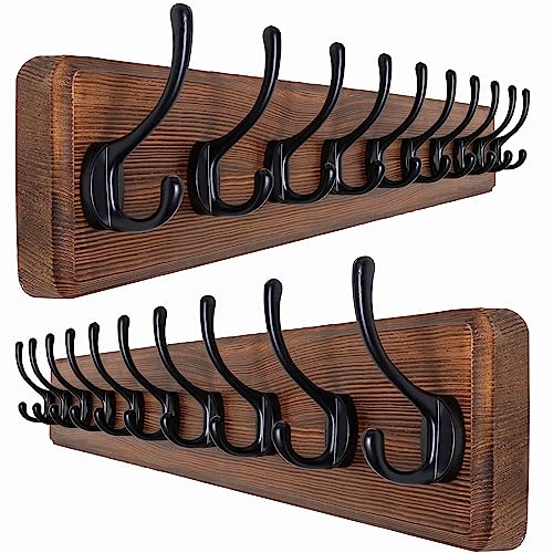Image of SKOLOO Rustic Wall Mounted Coat Rack, Case of 2, Pine Solid Wood Coat Hook Hanger - 10 Hooks for Hanging Clothes Robes Towels Coats