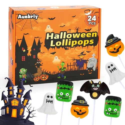 Auebriy Halloween Lollipops Suckers - 24 Pack Fruity Halloween Candy Individually Wrapped, Ghost, Bat, Pumpkin & Monster Lollipops, Spooky Candy for Trick or Treat, Party Favors & Goody Bag Fillers - image 1