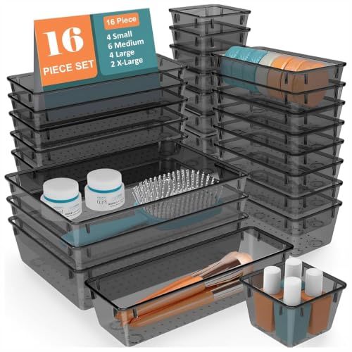 Image of Rylan Polypropylene Set of 16 Stationery Drawer Organiser /Unbreakable Drawer Organizer /Dressing Table Organizer /Multi-Purpose Storage Boxes /Drawer Divider Tray for Kitchen /Bedroom /Office - (Black)'