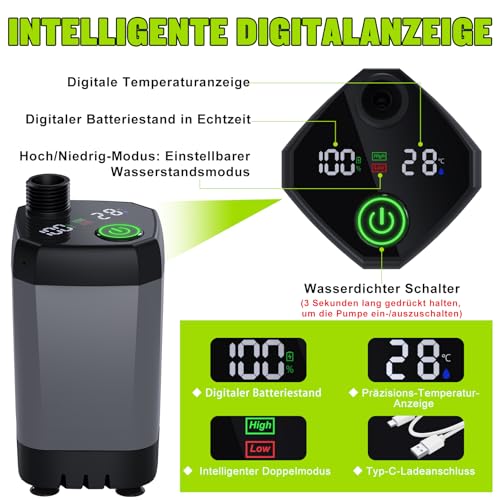 Spopal Campingdusche Tragbare, [6000mAh] Camping Dusche mit Pumpe und Temperaturanzeige, Camping Dusche Outdoor Set mit Duschkopf und 2M Schlauch für Garten, Autowaschen, Strand, Reisen, Haustier