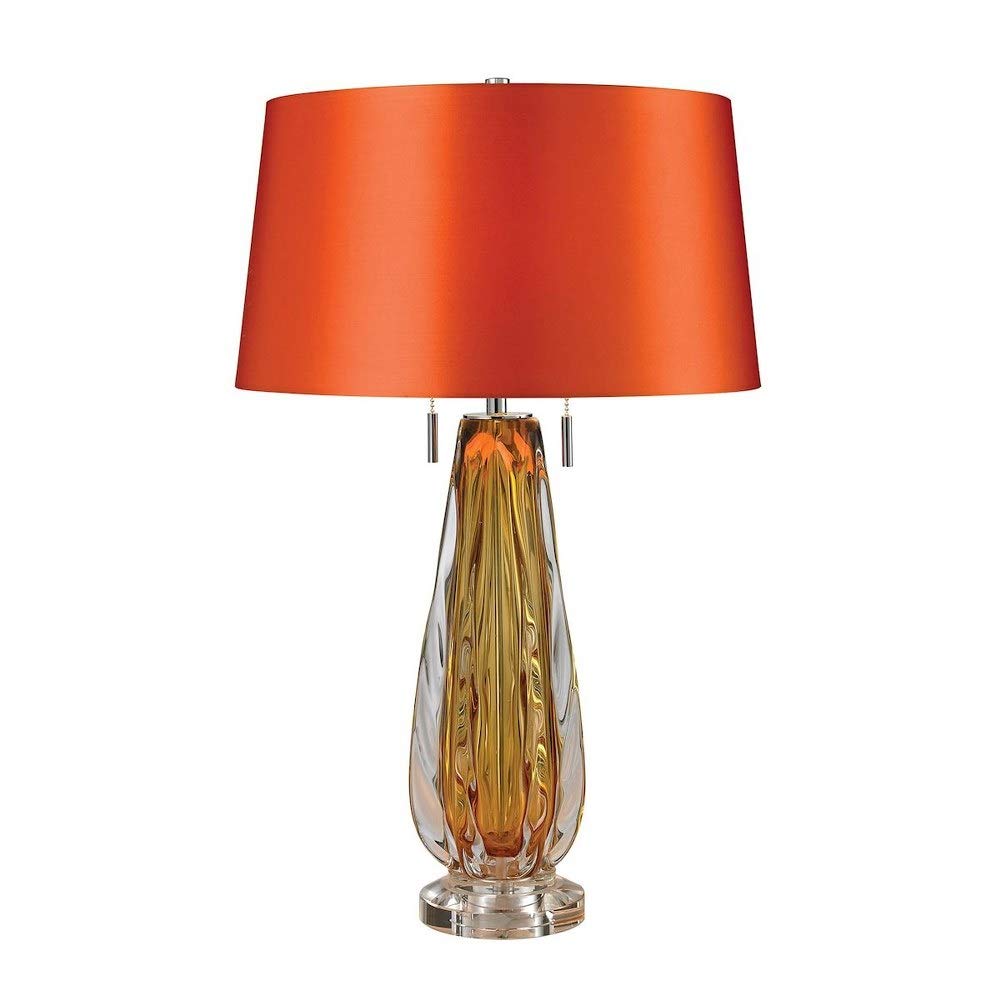 Amber 2 Light Standard Table Lamp Made of Crystal and Glass and Metal with A Orange Faux Silk Shade with A Double On/Off Pull Chain Switch -