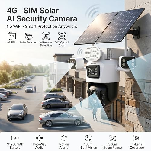 Image of V66H 4G Solar Security Camera with 4 Lens, 20X Zoom, AI Human Tracking, 31200mAh Battery, Dual Light Full Color Night Vision, Two Way Audio, Motion Detection, Outdoor Waterproof Surveillance Camera
