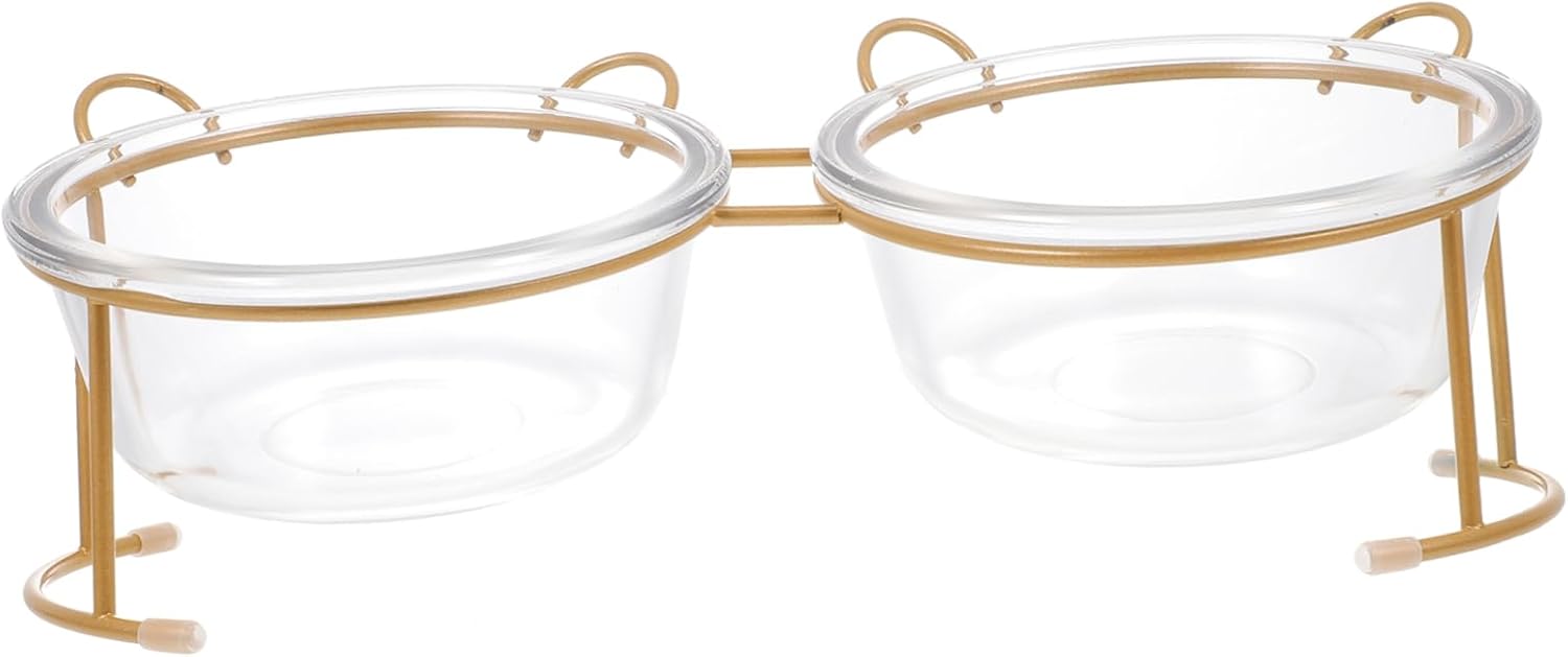 Elevated Cat Food Bowl Whisker-Friendly Glass Cat Bowl Pet Iron Rack Double Dog Food Pet Supply