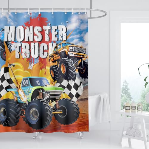 Image of Monster Truck Shower Curtain Cool Cartoon Racing Car Boy Home Bathroom Decor Waterproof Fabric 72Lx72W Inch with Plastic 12PCS Hooks