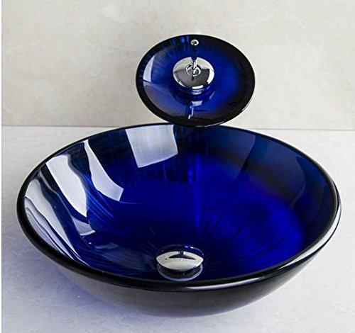 Vasque en verre bleu transparent pour moderniser une salle de bain avec cascade d'eau