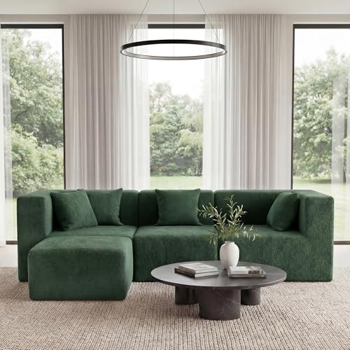 Image of MONVANE 103'' Modular Sectional Sofa, Comfy Teddy Velvet Cloud Couch with Ottoman, Modern Convertible L Shaped Couch with Deep Seat, Sectional Couches for Living Room, Bedroom and Apartment, Green