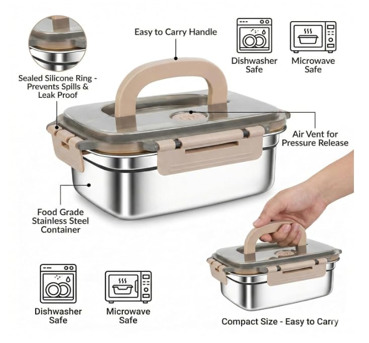 Image of Stainless Steel Lunch Box 1200ml with Handle, Airtight Leakproof Food Storage Container for Office, Travel, Meal Prep, Curry, Rice, Snacks & Kitchen Use