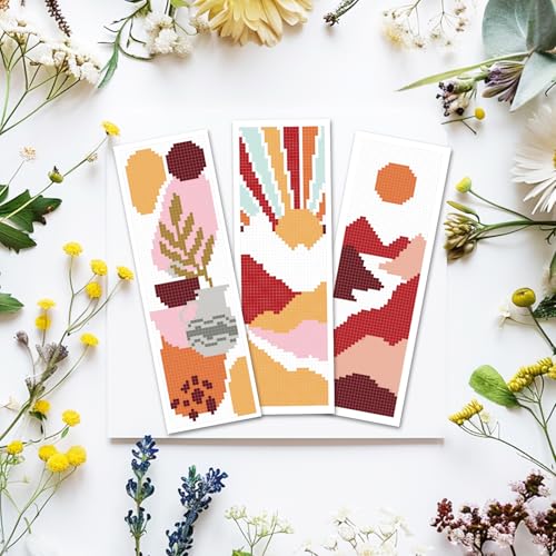 Image of ACRNIGHEET 6PCS Cross Stitch Bookmark Kit for Beginner Boho Abstract Landscape Stamped Cross Stitch Kits for Adults Crossstitch Kits Adult Bookmarks with Instructions Hand Embroidery Craft Gift 11CT