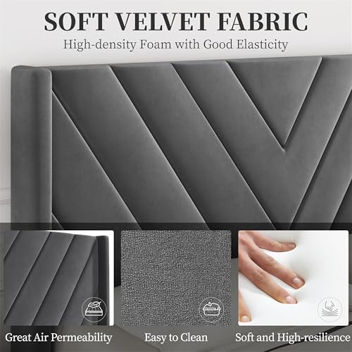 Image of Yaheetech Queen Bed Frame Upholstered Platform Bed /Wooden Slat Support /Tufted Headboard with Wing Side /Mattress Foundation /No Box Spring Needed,Deep Gray Queen