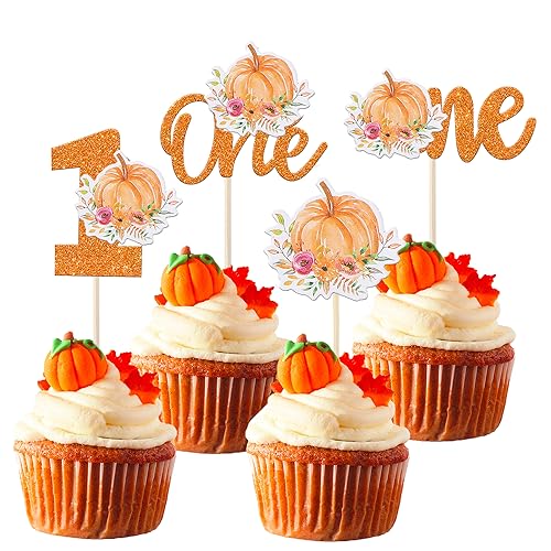 Rsstarxi 24 Pack Pumpkin 1st Birthday Cupcake Toppers Pumpkin One Cupcake Food Toothpicks First Birthday Party Cupcake Decorations for Fall Theme Baby Shower 1st Birthday Party Cake Decorations