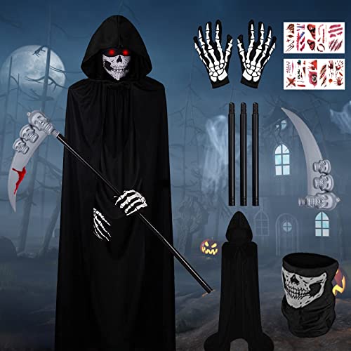 IWTBNOA Halloween Faucheuse, Déguisement Faucheuse avec Masque de Crâne, Gants, Faucille, Costume d'Halloween, Cape à Capuchon Noire, Halloween Capuche Cape pour Halloween Fête Cosplay Carnaval Cover