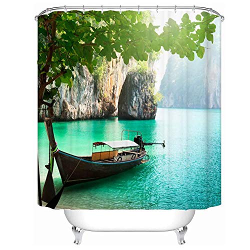 ENCOFT Topmail Rideau de Douche Rideau de Salle de Bain 3D Imperméable avec 12 Anneaux Crochets 100% Polyester (Bateau&Vert, 180 * 180cm)